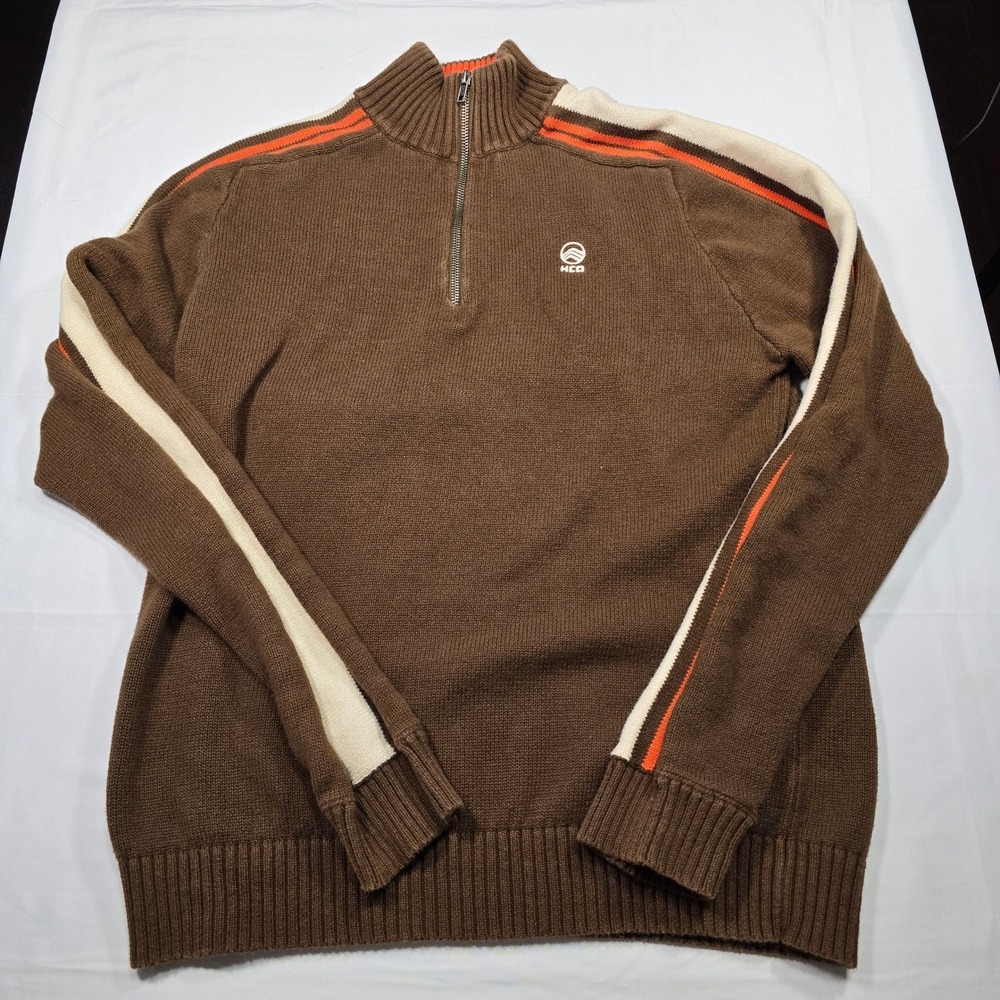Hollister Mens XL Brown Quarter Zip Sweater Ramie Cotton Stripe Vintage HCO